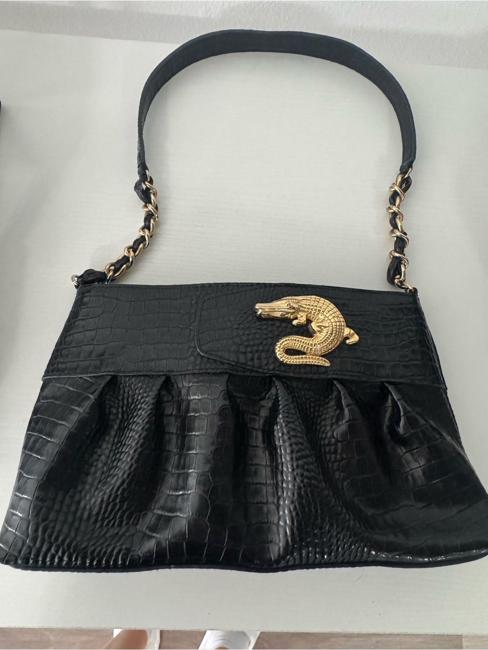 Black Croc-Embossed Shoulder Bag with Gold Crocodile Accent